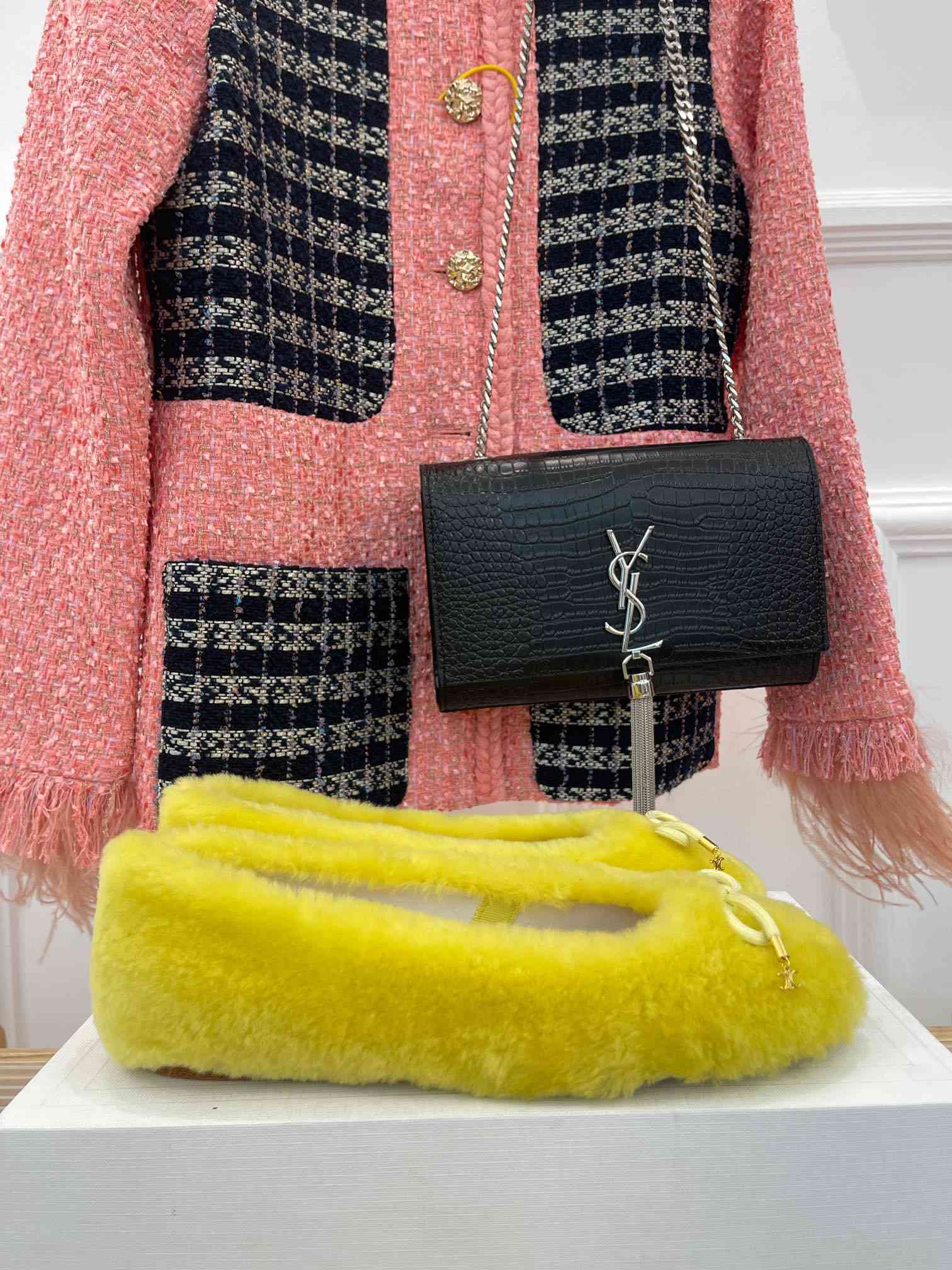 Ce1i*e Les Ballerines Ce1i*e Ballerina With Triomphe Laces And Fur Yellow For Women