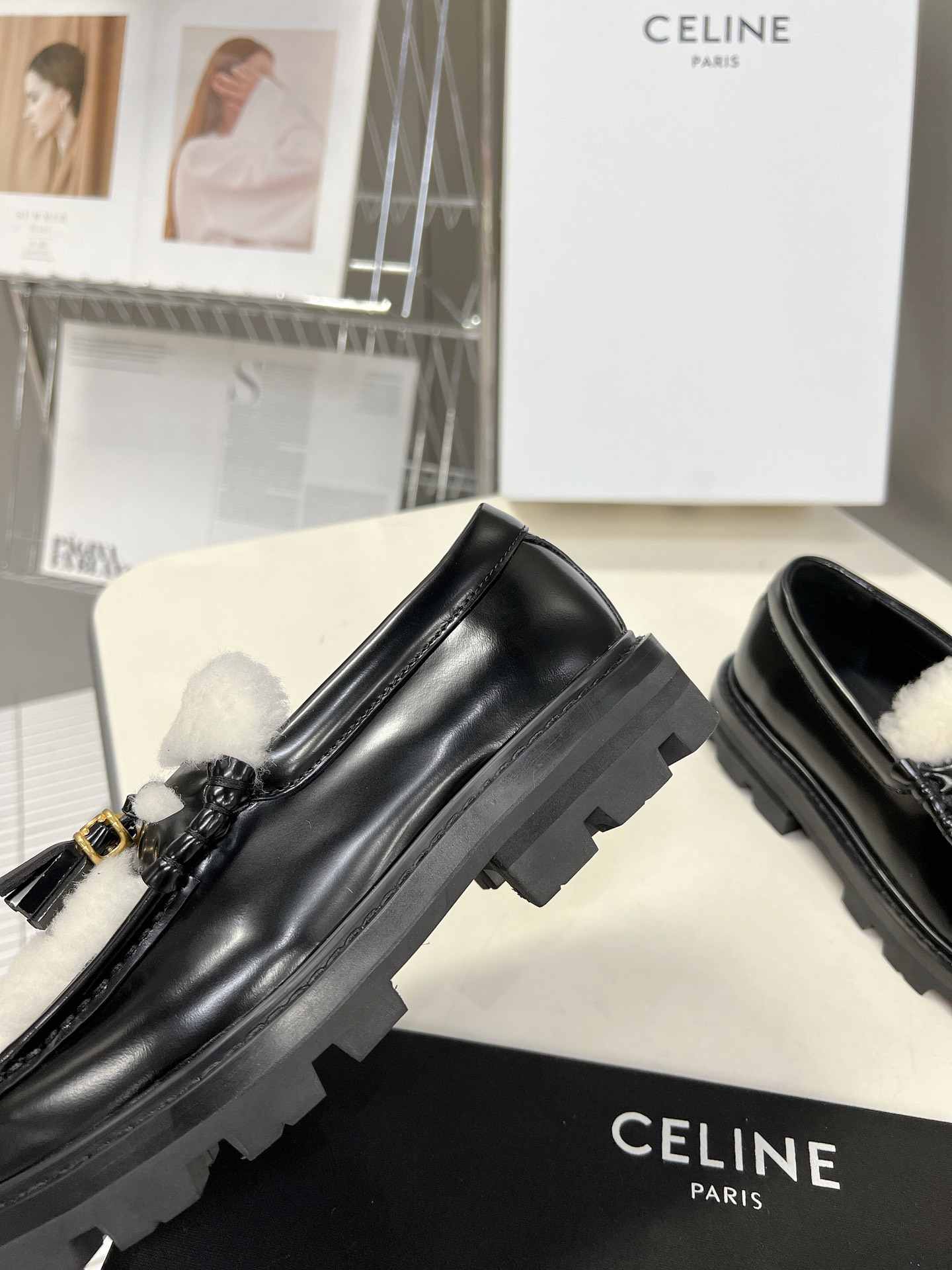 Ce1i*e Margaret Fur Loafer With Tassels Black For Women