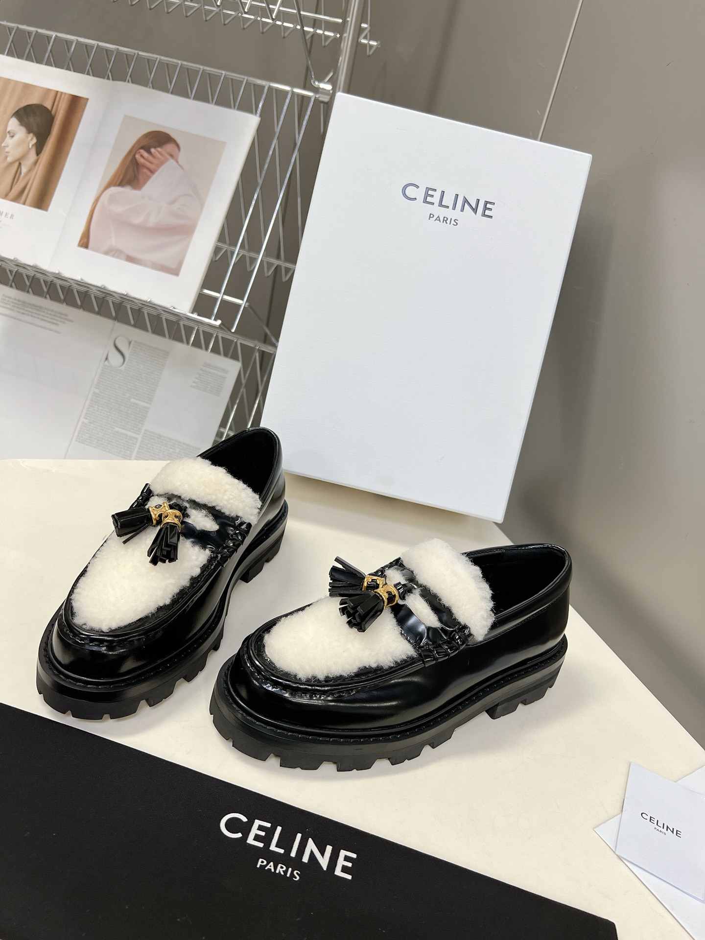 Ce1i*e Margaret Fur Loafer With Tassels Black For Women