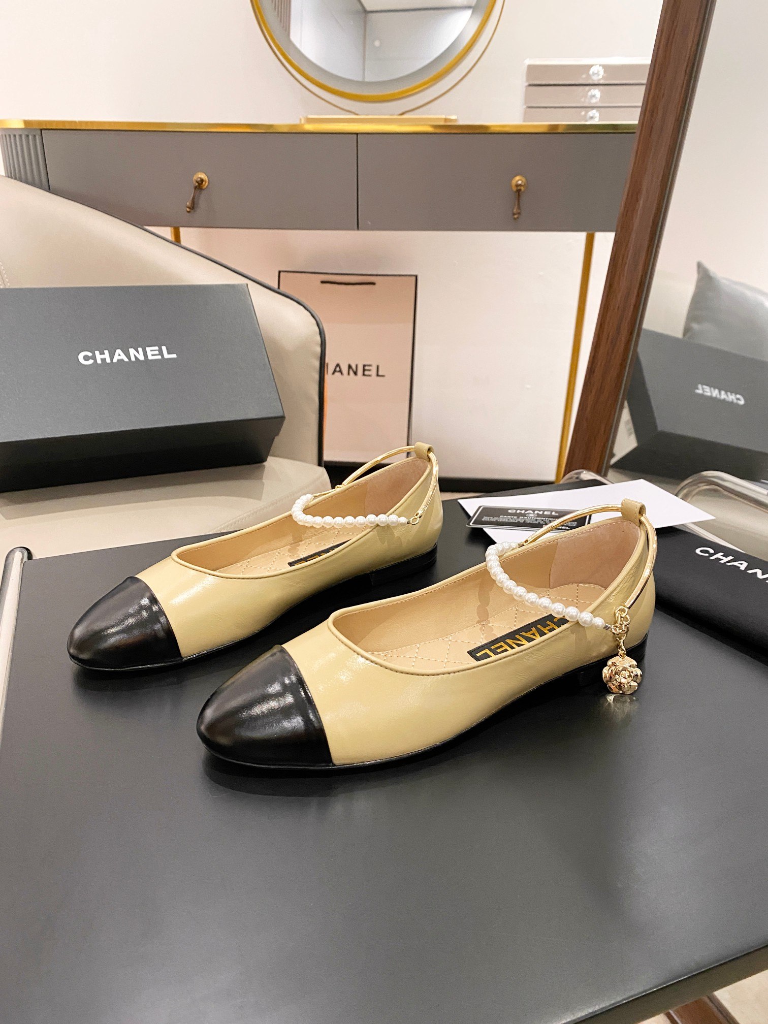 Ch**el Ballerina Logo Shoes Beige For Women