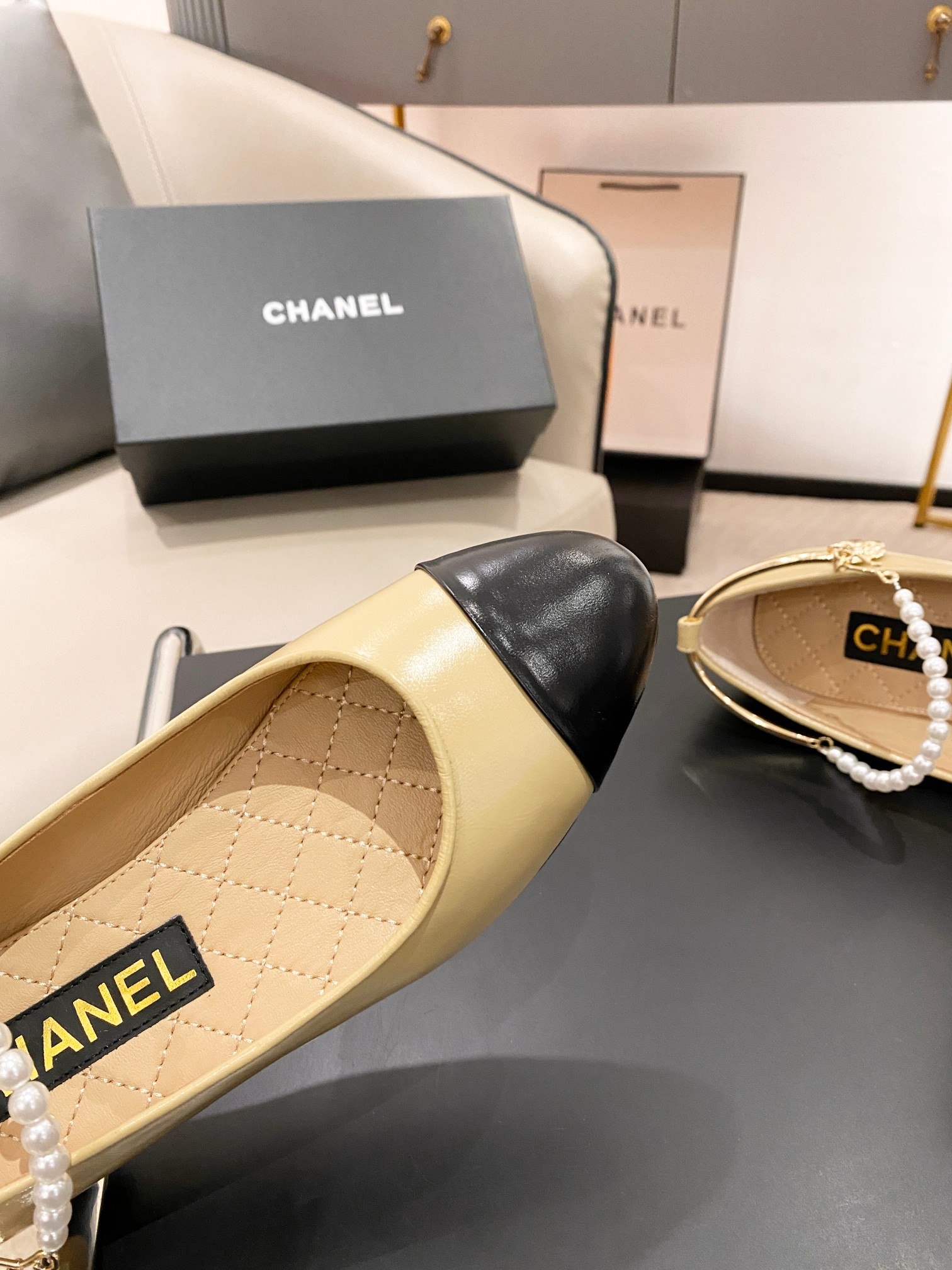 Ch**el Ballerina Logo Shoes Beige For Women