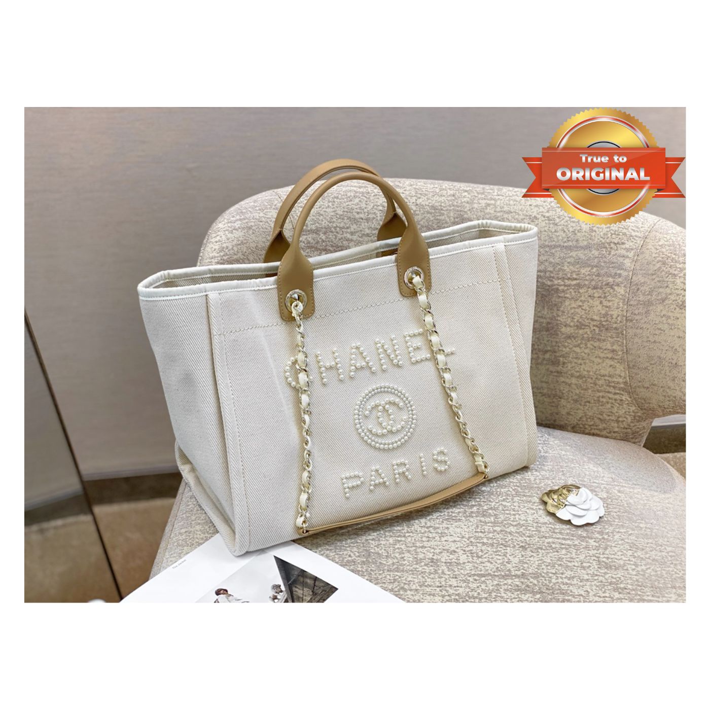 [True-to-ORIGINAL] Ch**el Large Deauville Pearl Tote Bag White For Women 15in/38cm A66941