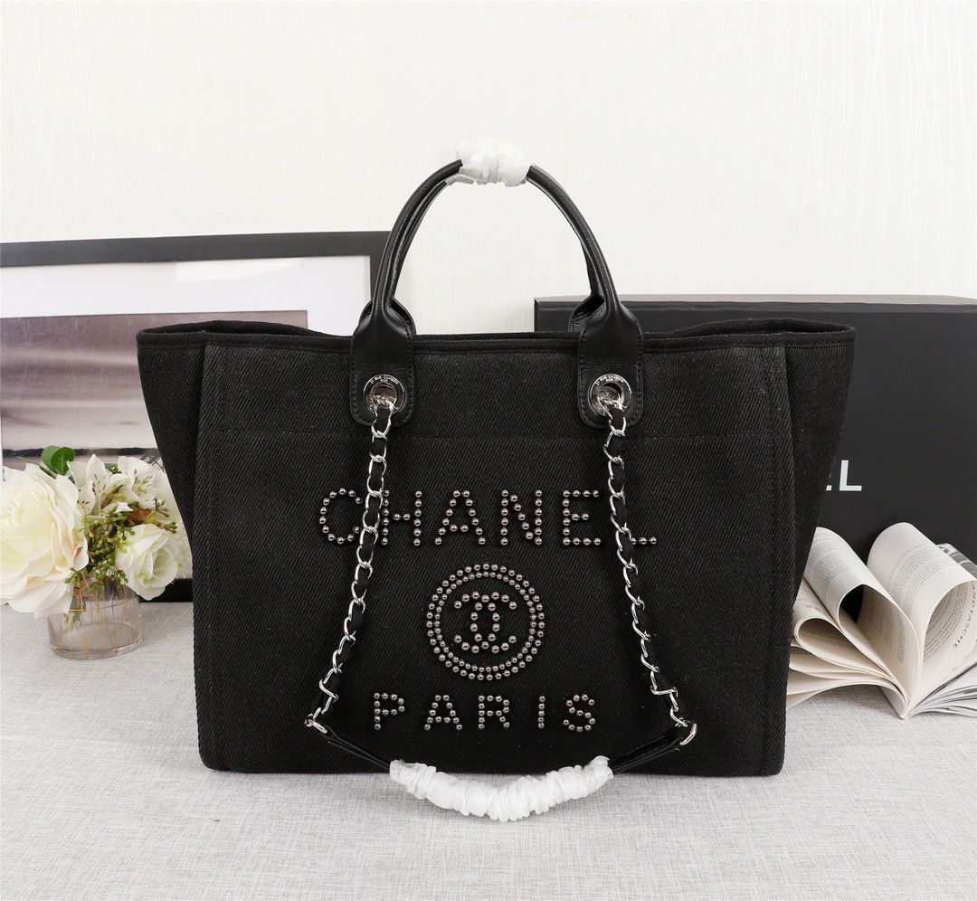 Ch**el Large Deauville Pearl Tote Bag Black For Women 15in/38cm A66941