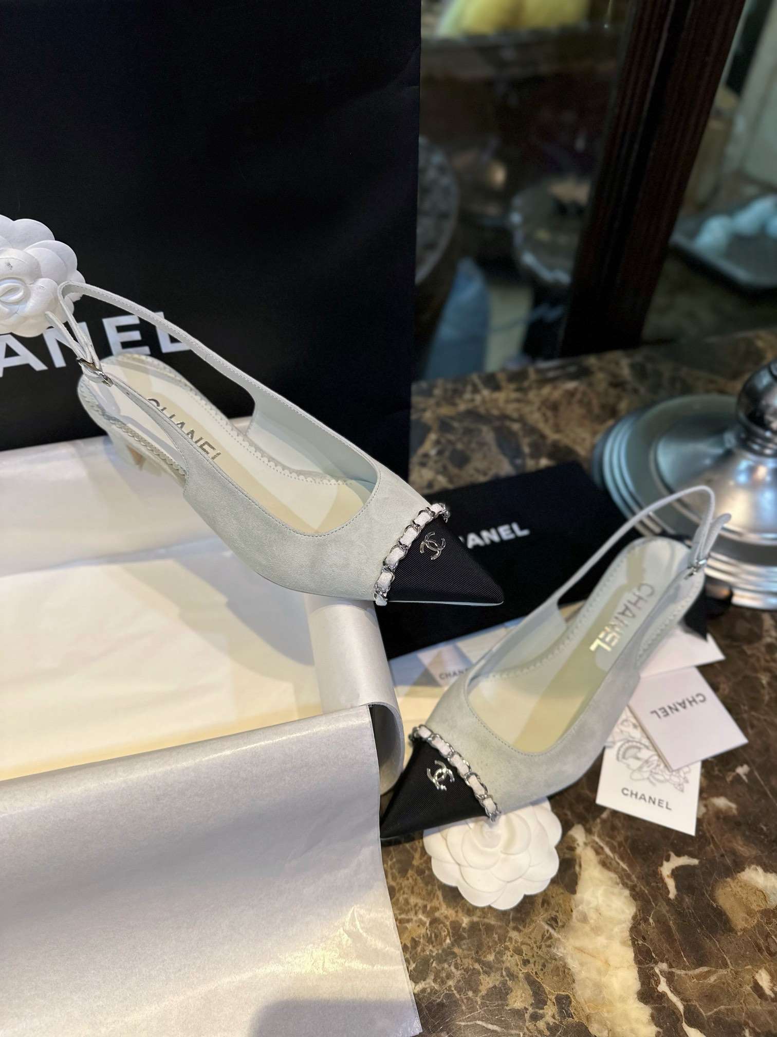 Ch**el Patent Slingback Pumps Light Grey For Women