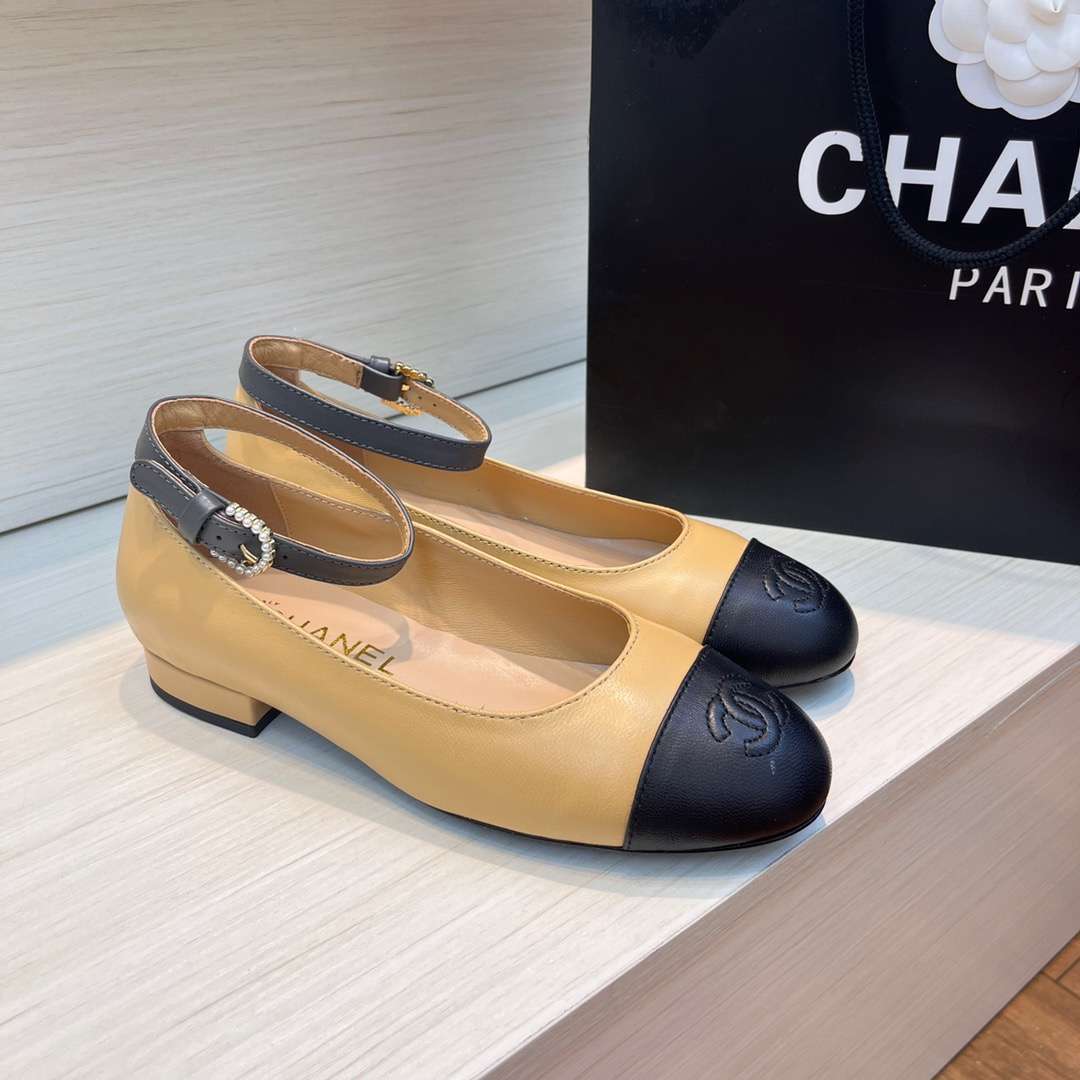 Ch**el Round Toe Flats Buckle Strap Pearl Beige For Women