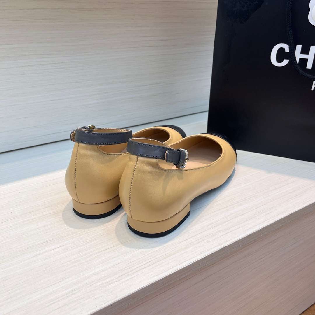 Ch**el Round Toe Flats Buckle Strap Pearl Beige For Women