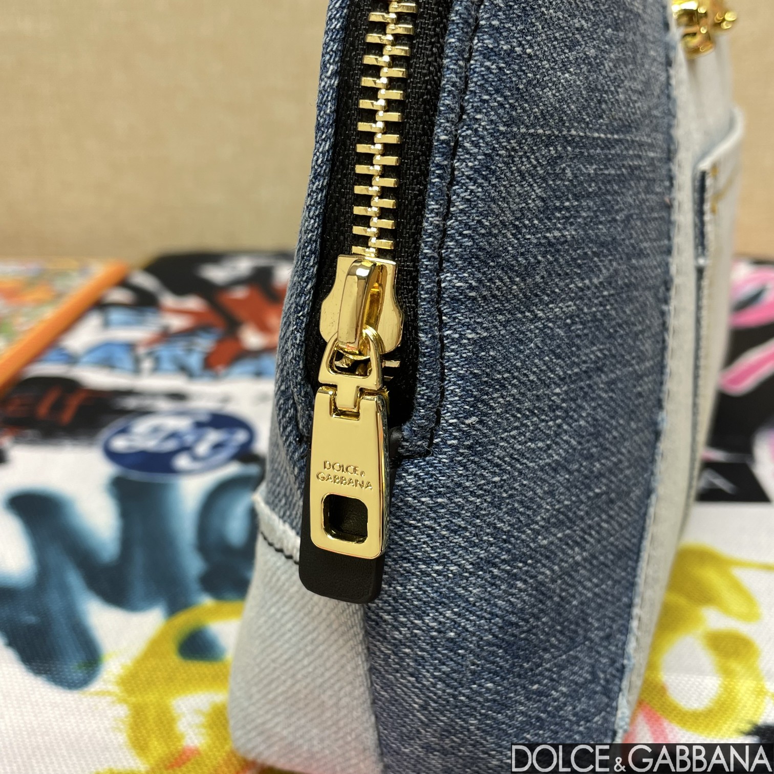 Dolce & Gabbana Patchwork Denim Make-Up Bag With Baroque Logo Grey For Women 9.4in/24cm