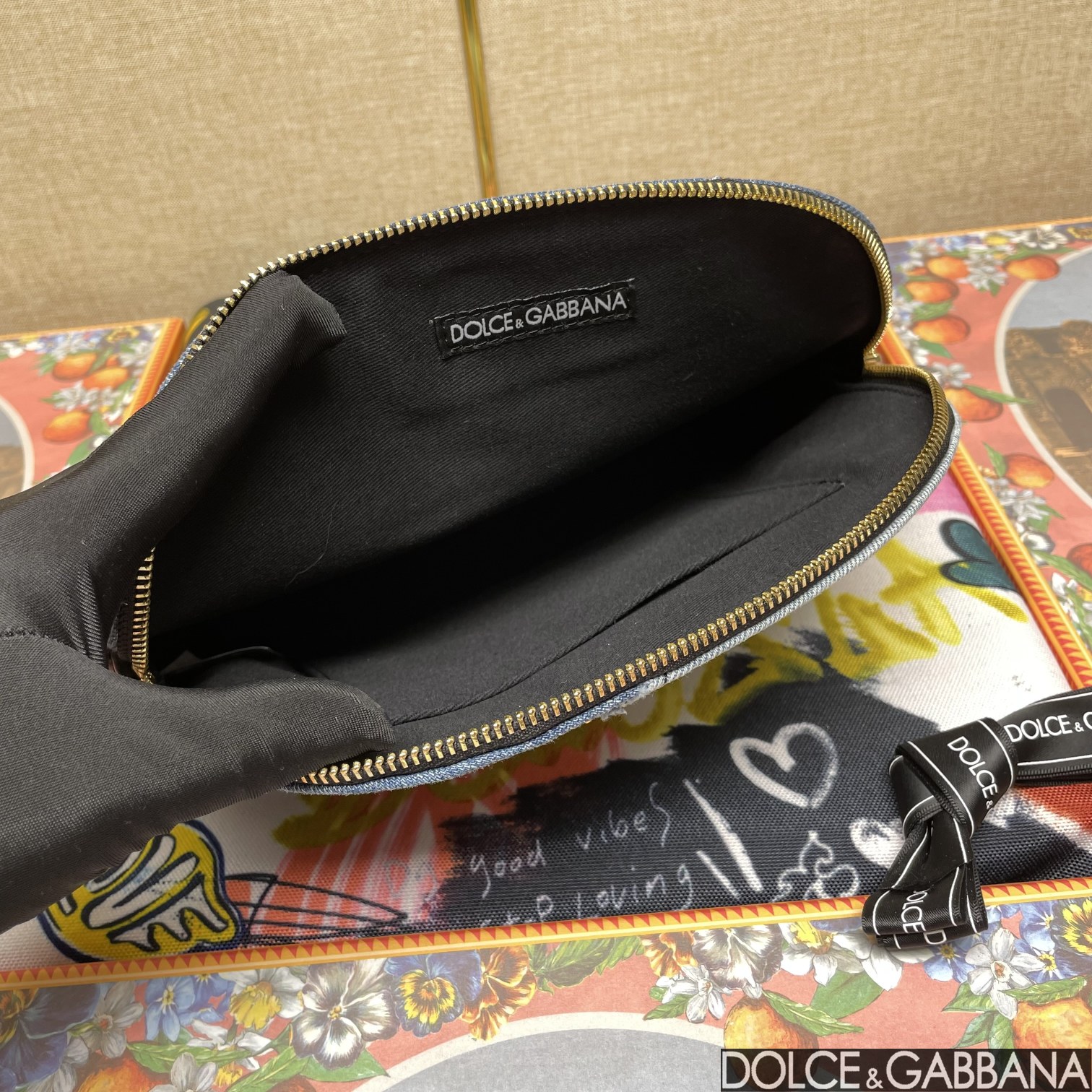 Dolce & Gabbana Patchwork Denim Make-Up Bag With Baroque Logo Grey For Women 9.4in/24cm