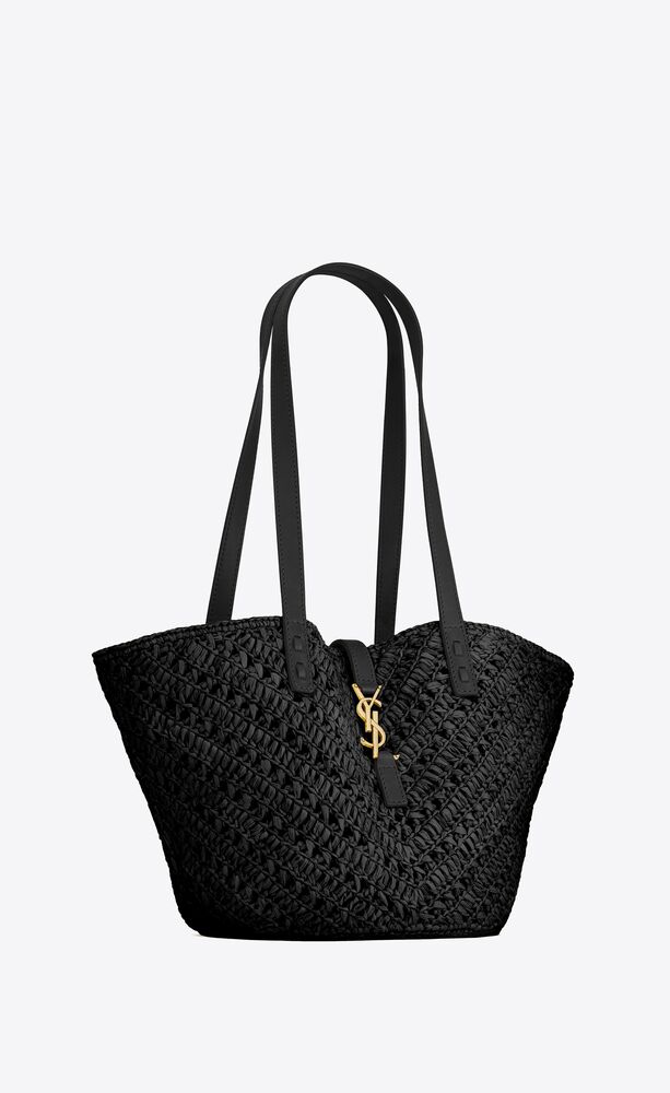 Sa1nt Lau*nt Panier Small In Raffia And Vegetable-Tanned Black For Women 15 Inches/ 38 Cm 751240GAADP1000