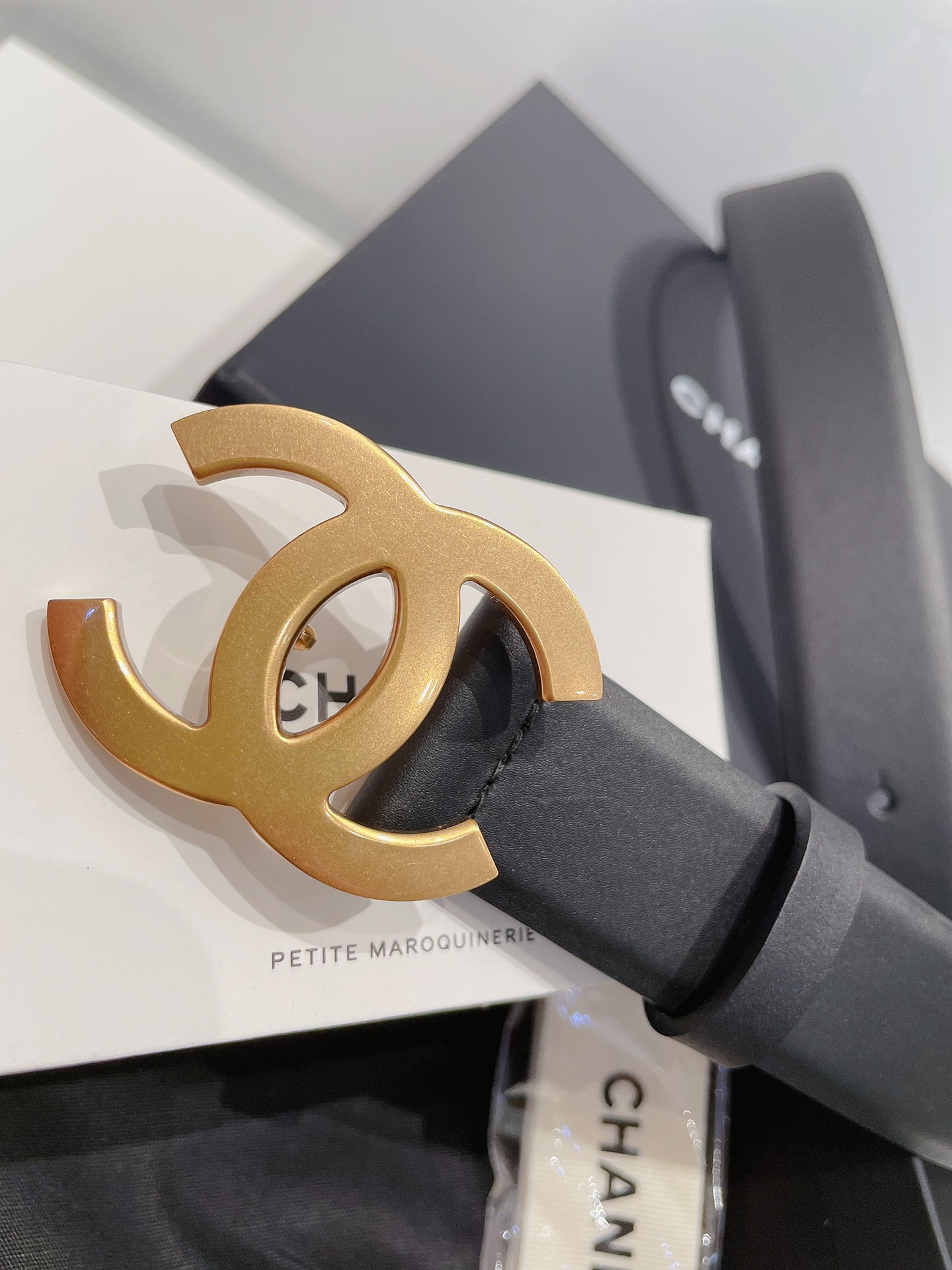 Ch**el Gold Tone Interlocking C Buckle Belt Black For Women