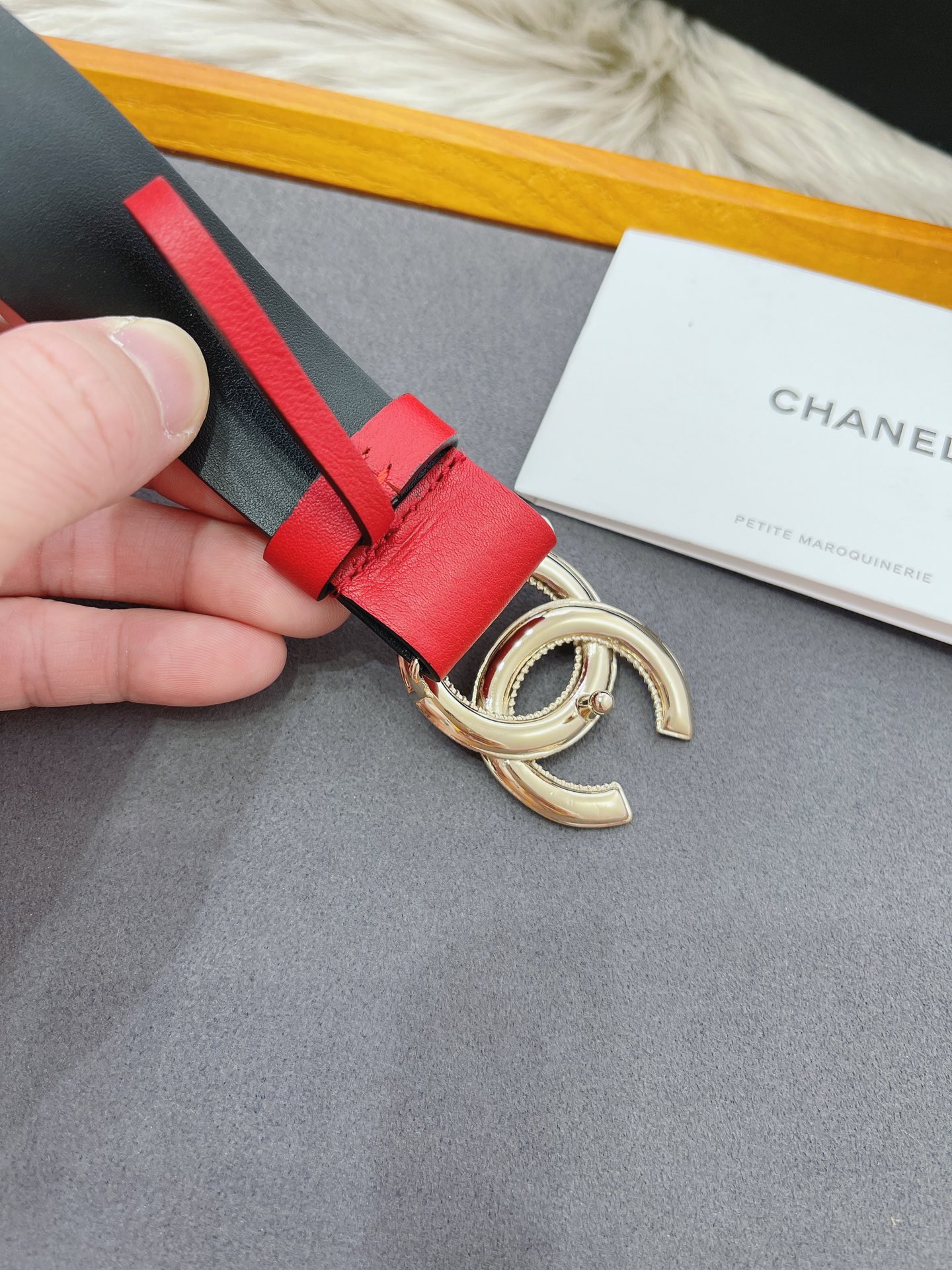 Ch**el Attach Stone Metal CC Belt Red For Women