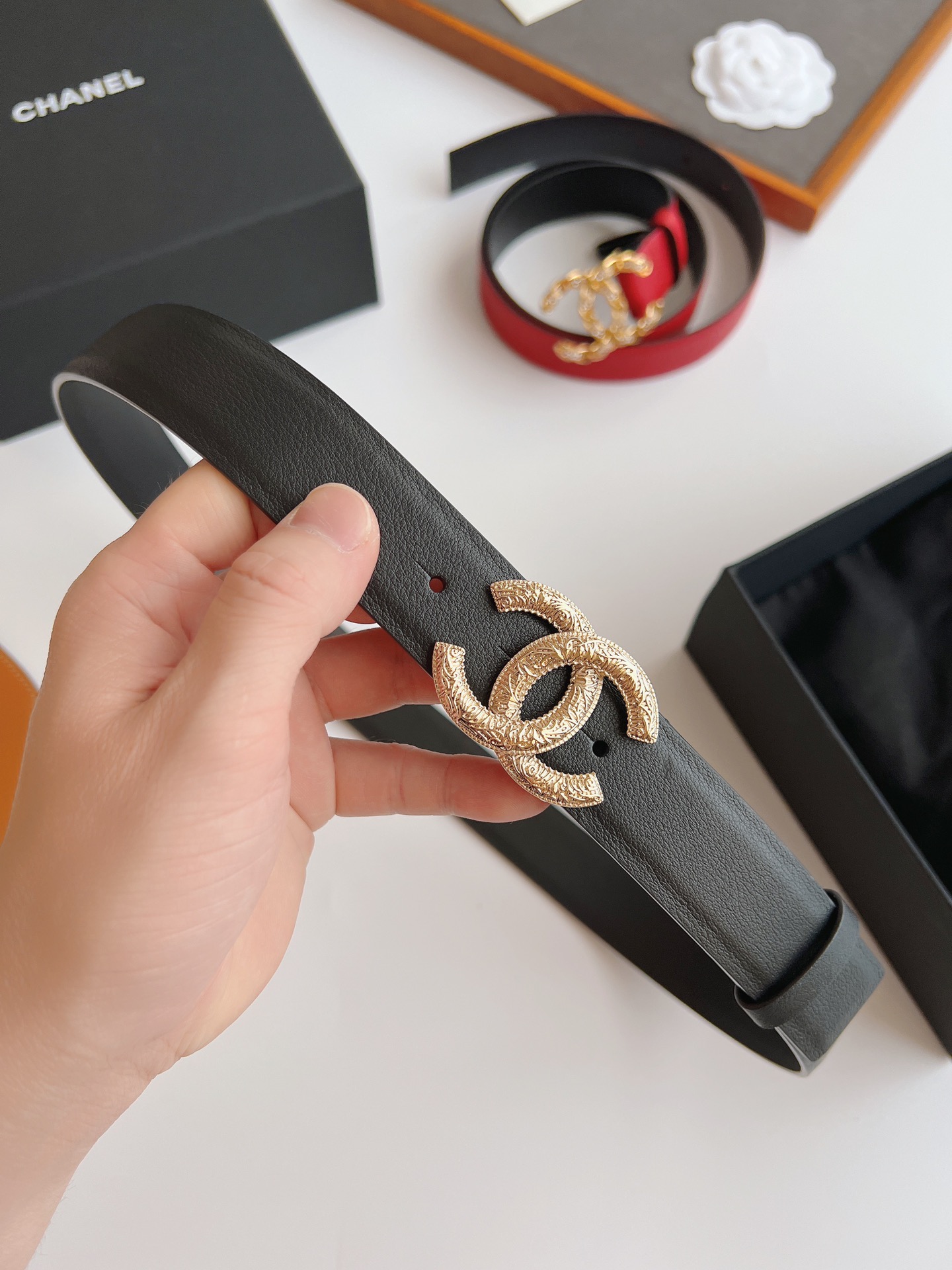 Ch**el Attach Stone Metal CC Belt Black For Women