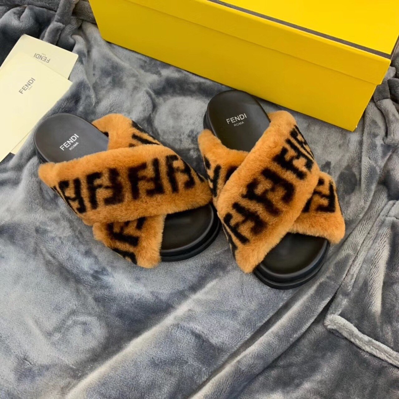 F**di Shearling FF Logo Leather & Dyed Shearling Fur Cross Slides Fall/Winter 2019 Collection, Black/Brown