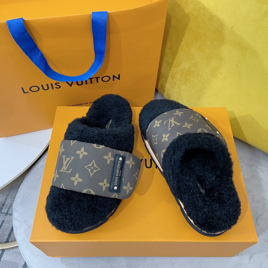 L0vis Vvtt0n Slipper Pillow Flat Comfort Mule Black For Women