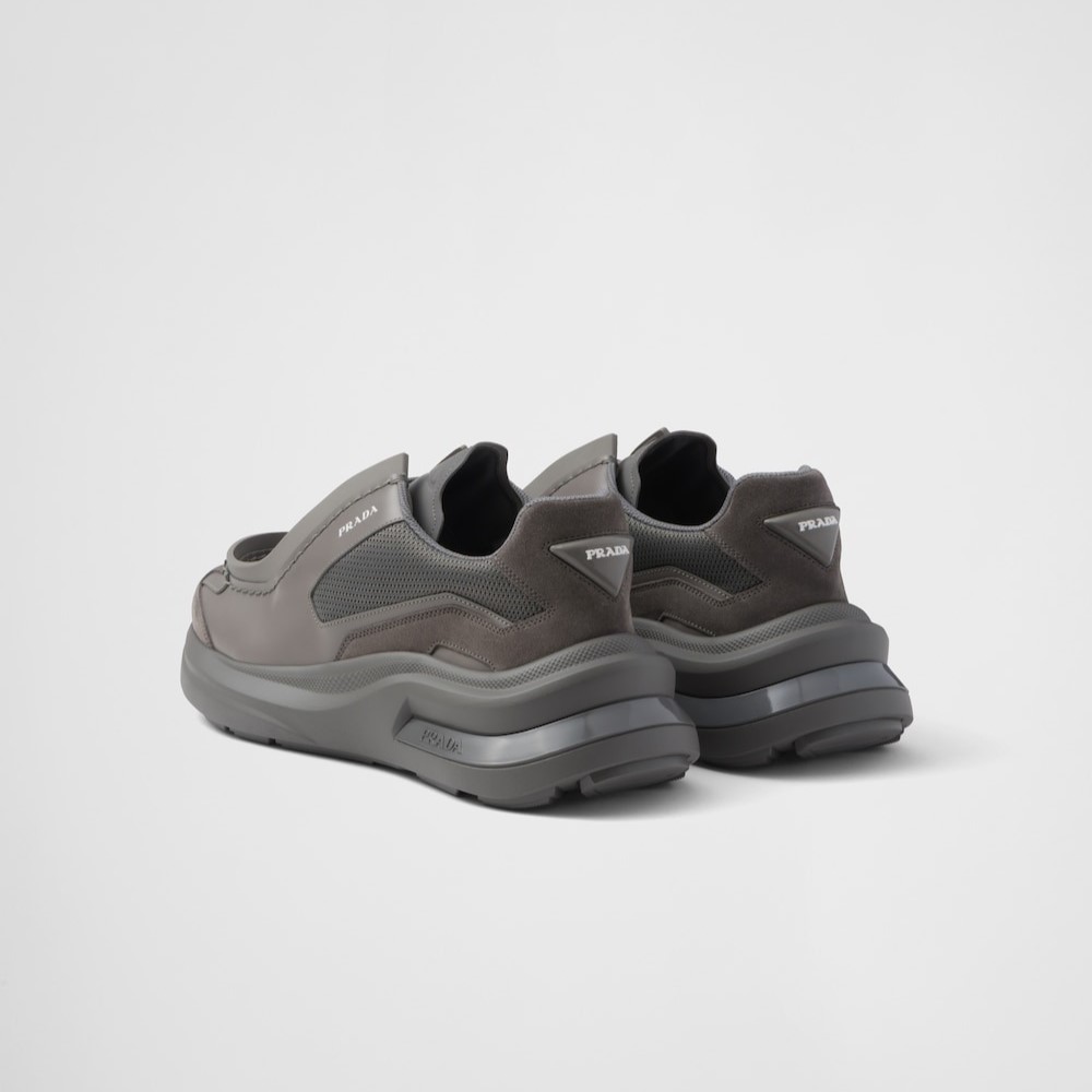 Pra*a Systeme Brushed Leather Sneakers With Bike Fabric And Suede Marble Gray For Men 2EG424_3C37_F0DWG