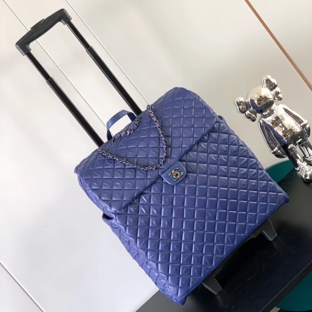 Ch**el Classic Quilted Suitcase Blue 17.7in/45cm