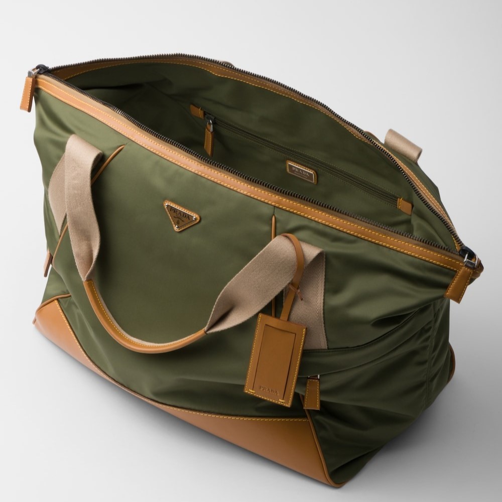 Pra*a Re-Nylon And Leather Duffle Bag Military/Caramel 17.5in/44.5cm 2VC040_2CX2_F03UQ_V_KOO