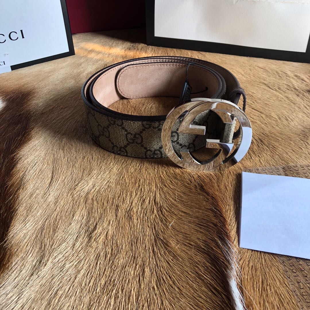 Gvc*1 GG Belt 38mm With Interlocking G Buckle Beige/Ebony For Men 411924 KGDHN 9643