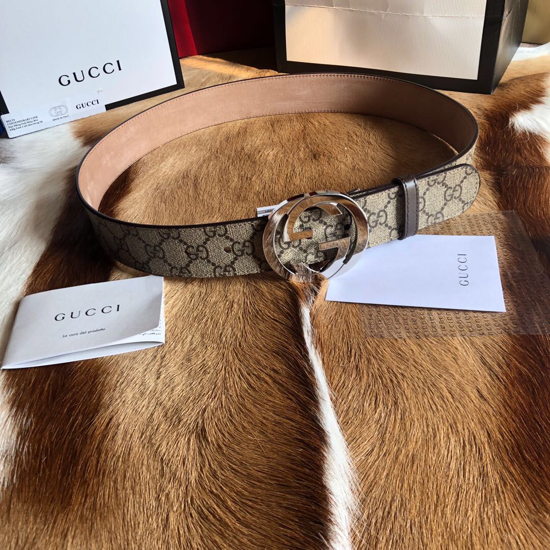 Gvc*1 GG Belt 38mm With Interlocking G Buckle Beige/Ebony For Men 411924 KGDHN 9643