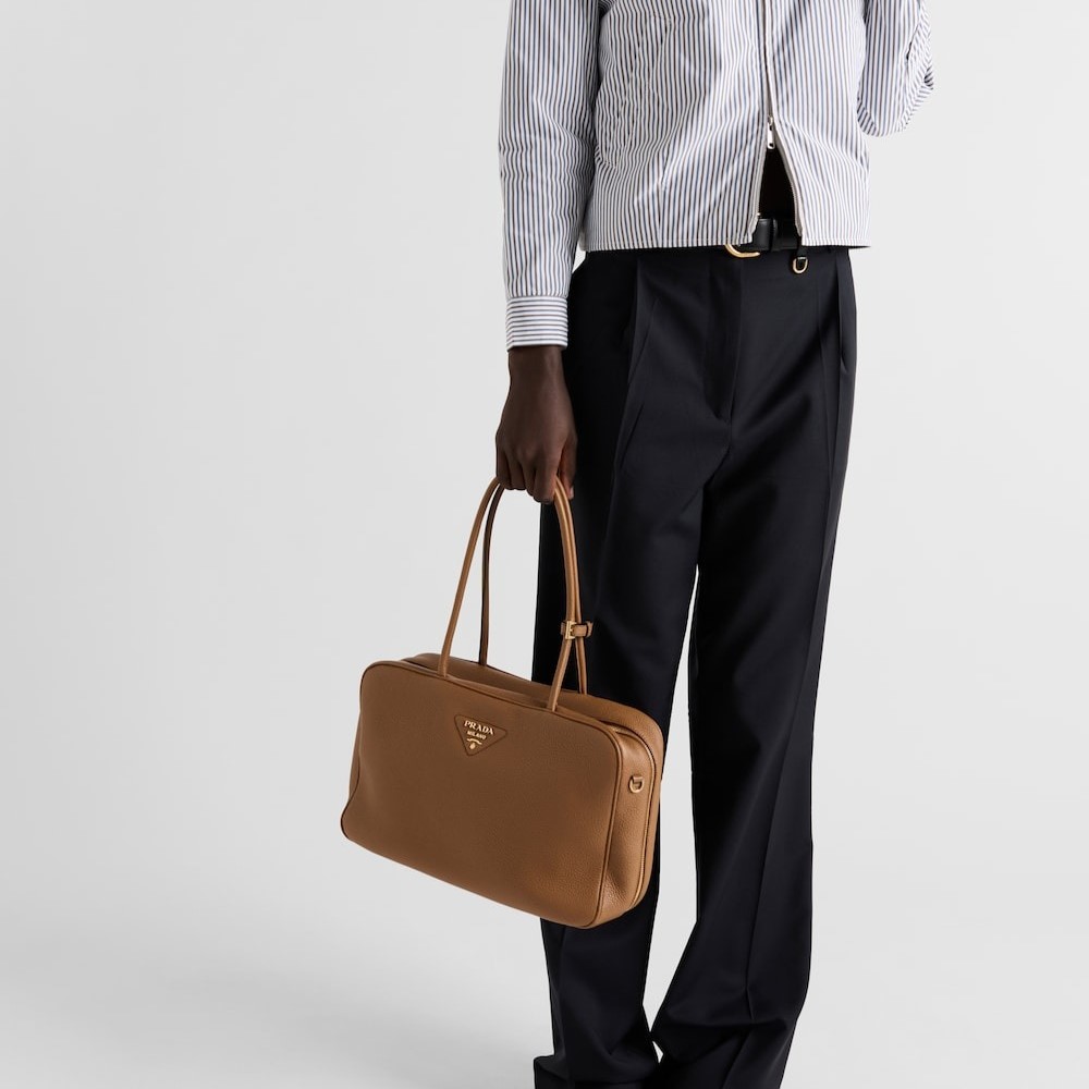 Pra*a Large Leather Top-Handle Bag Caramel For Men 13.4in/34cm 1BB128_2DKV_F03V8_V_ONO