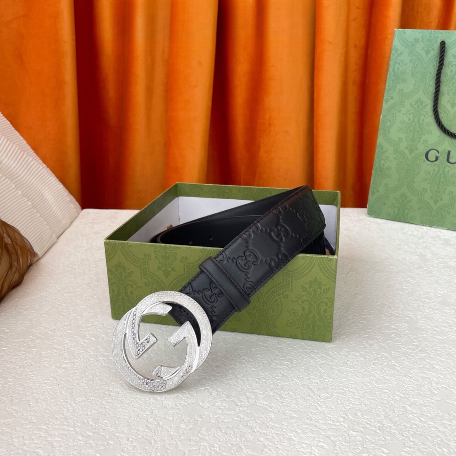 Gvc*1 Iconic GG Buckle Belt Embossed Black With Silver Bling Buckle 40mm