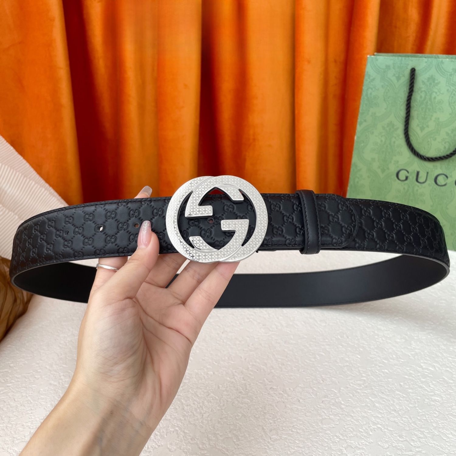 Gvc*1 Monogram Belt Black With Silver Crystal Buckle 40mm