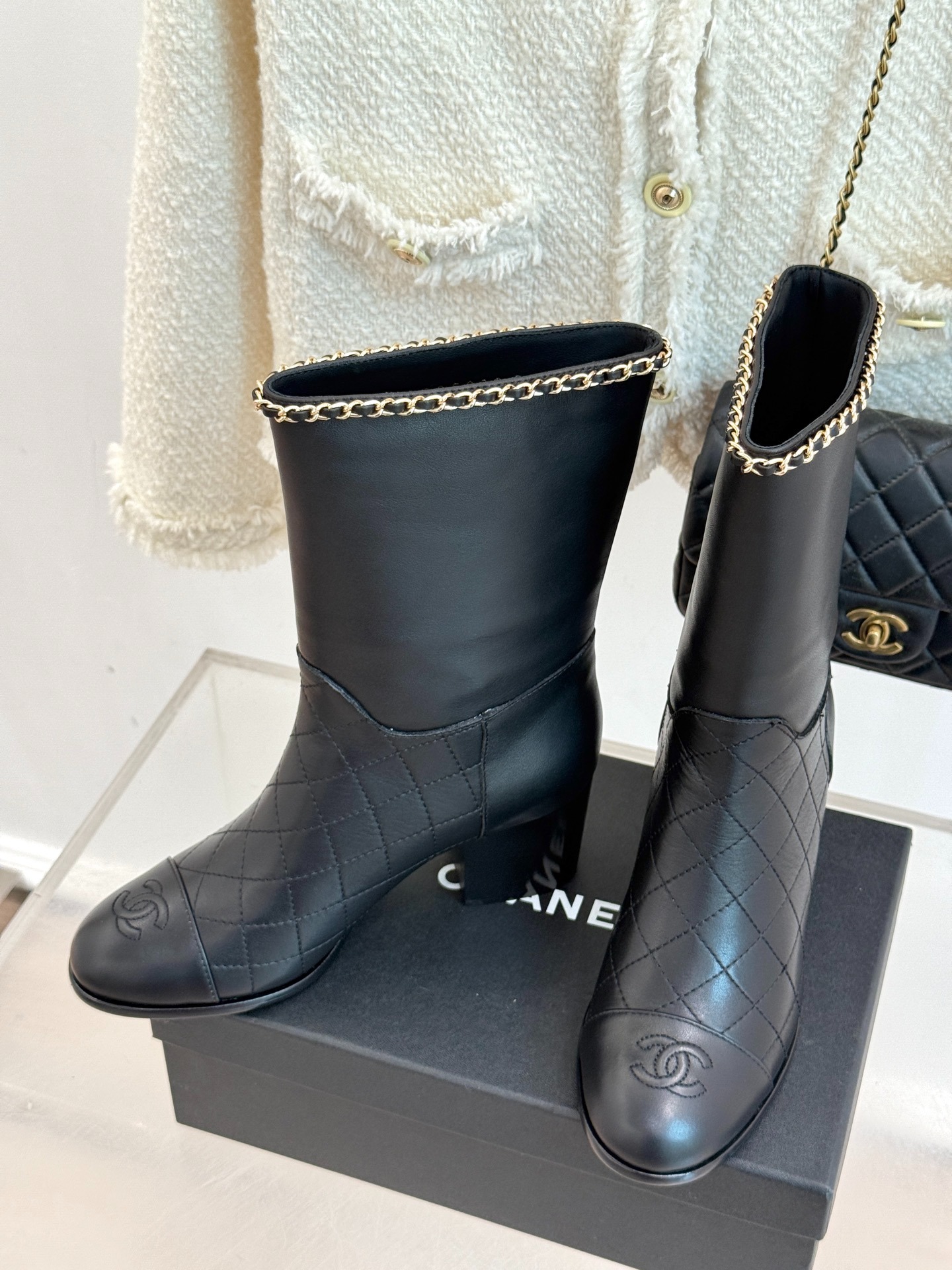 Ch**el Double C Chunky Heel Boots With Chain Detail Black For Women