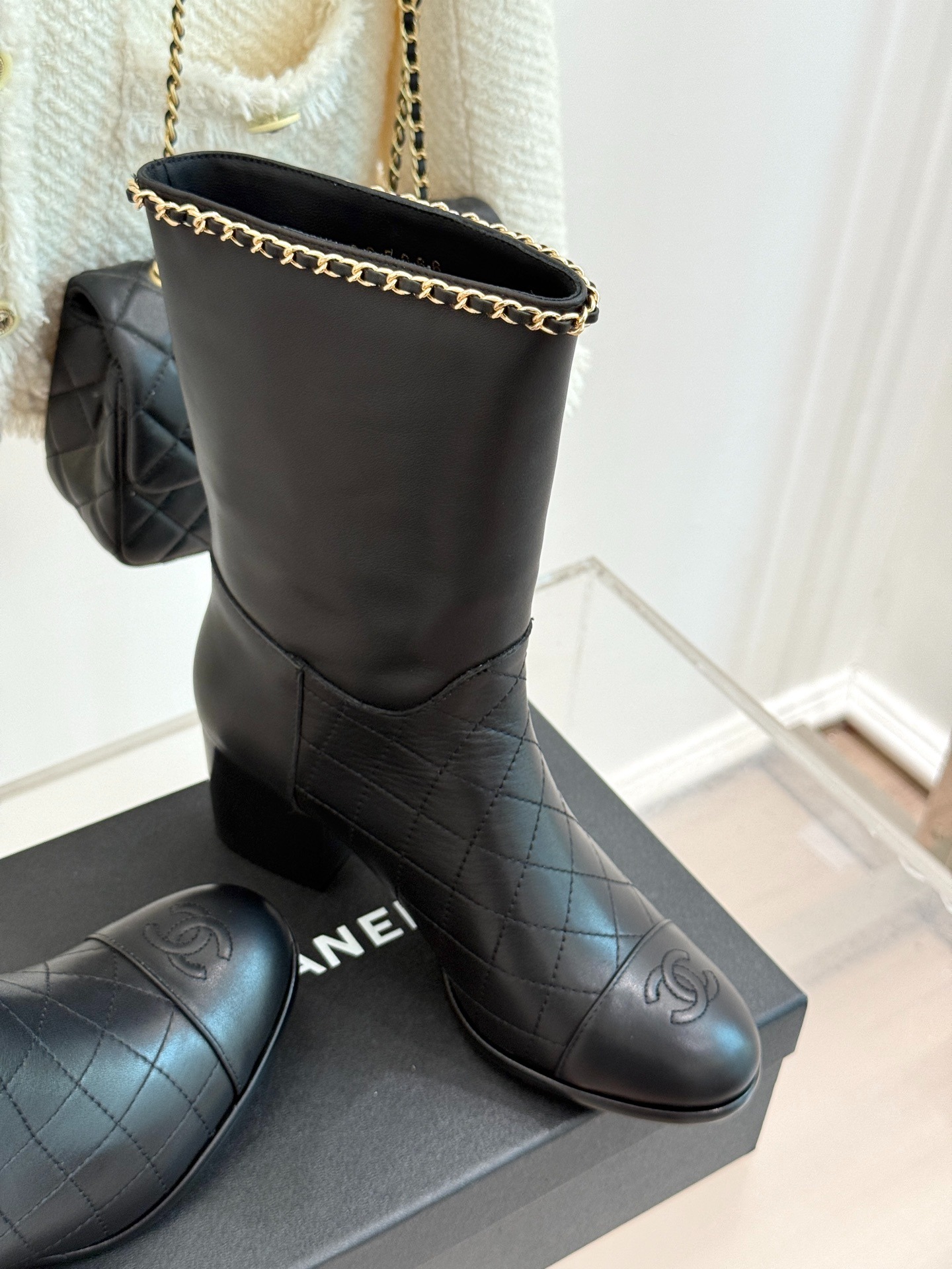 Ch**el Double C Chunky Heel Boots With Chain Detail Black For Women