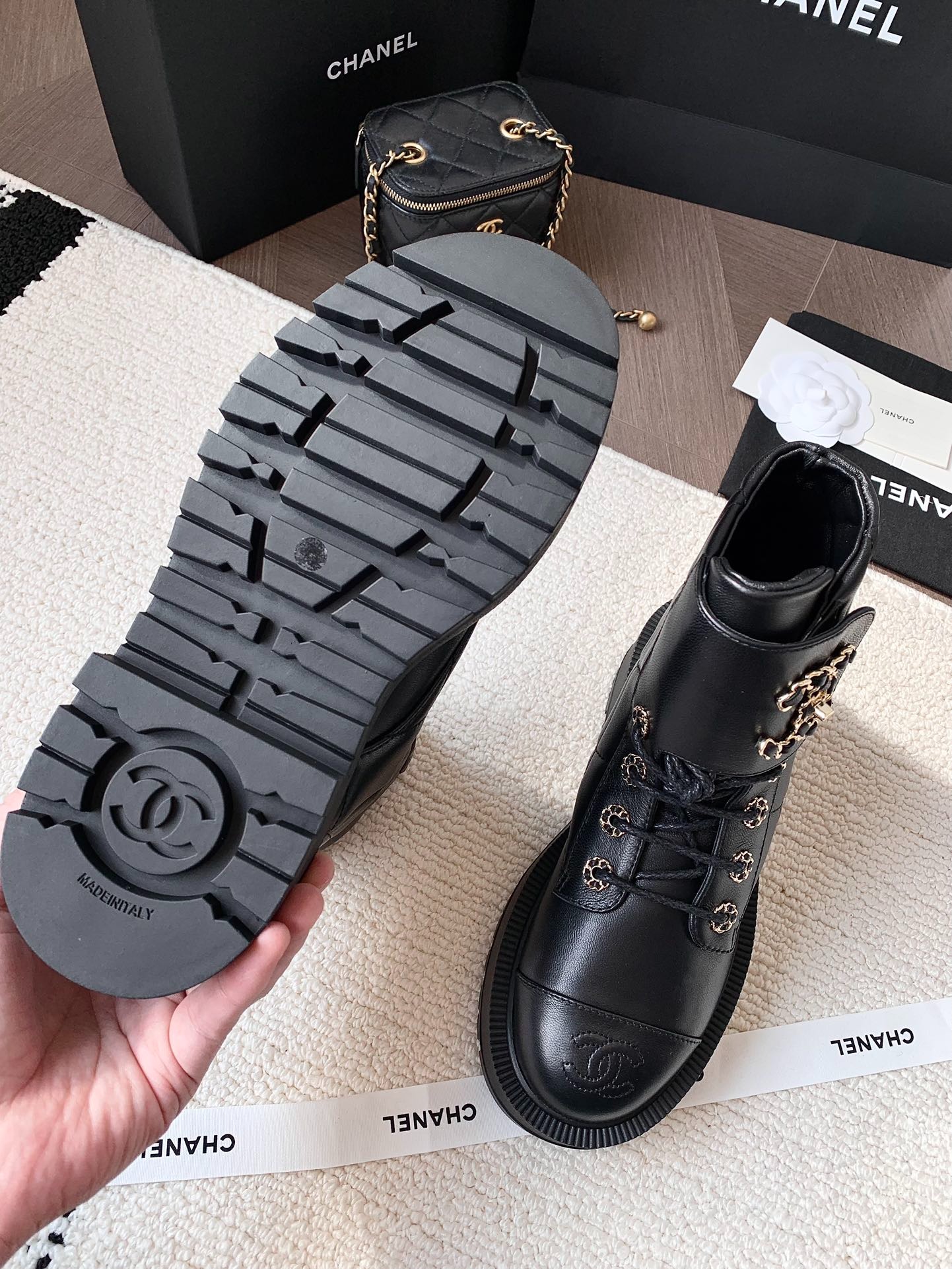 Ch**el Quilted Platform Ankle Boots Black For Women