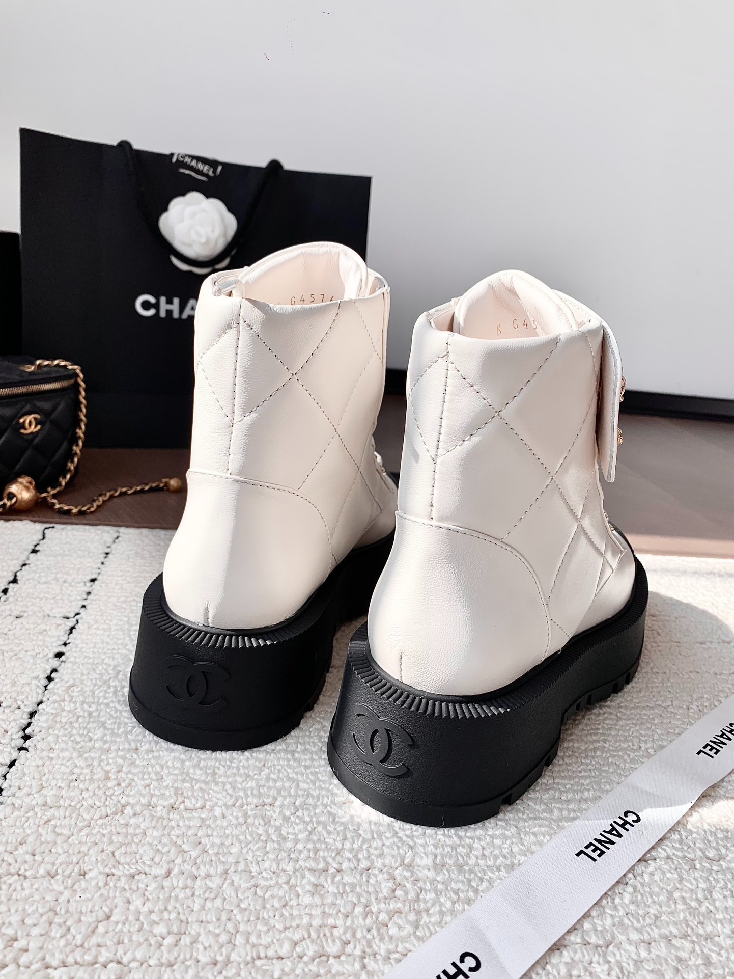 Ch**el Quilted Platform Ankle Boots White For Women