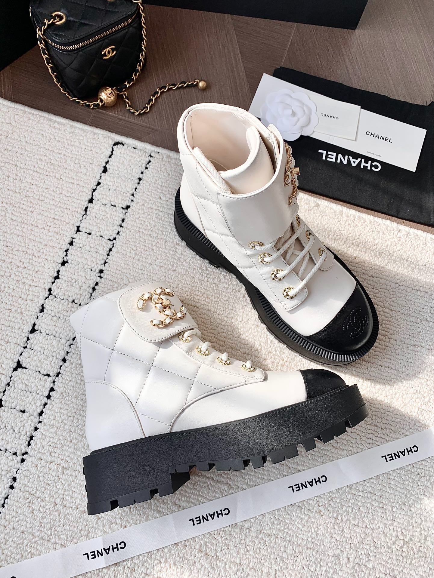 Ch**el Quilted Platform Ankle Boots White For Women