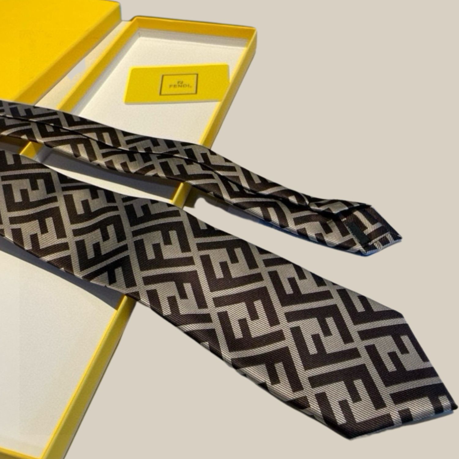 F**di FF Logo Silk Tie in Beige And Dark Brown For Men