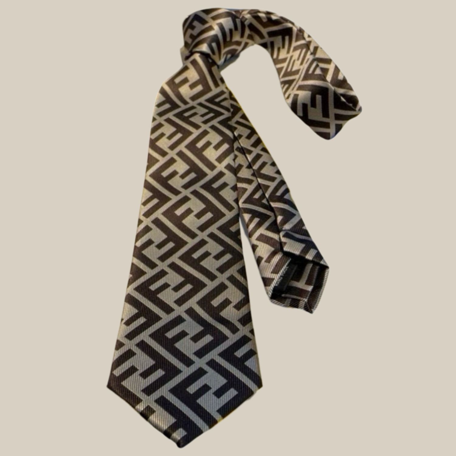 F**di FF Logo Silk Tie in Beige And Dark Brown For Men