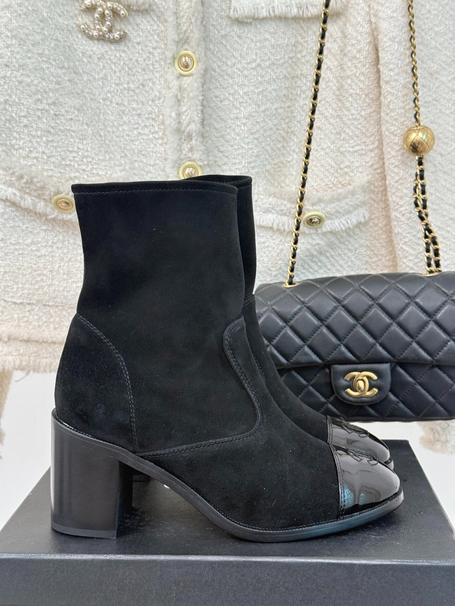 Ch**el Ankle Chunky Heel Boots Black 7cm/2.8in For Women