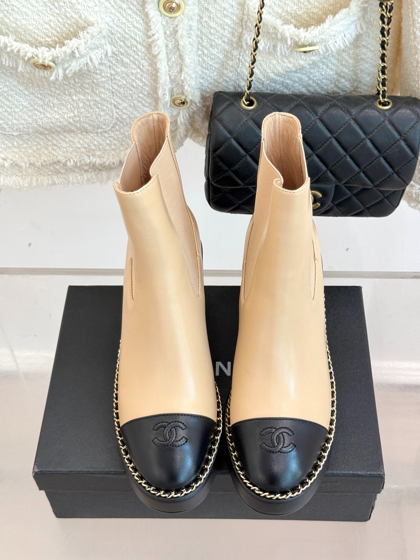 Ch**el Chelsea Chunky Heel Boots Two Tone Beige And Black For Women