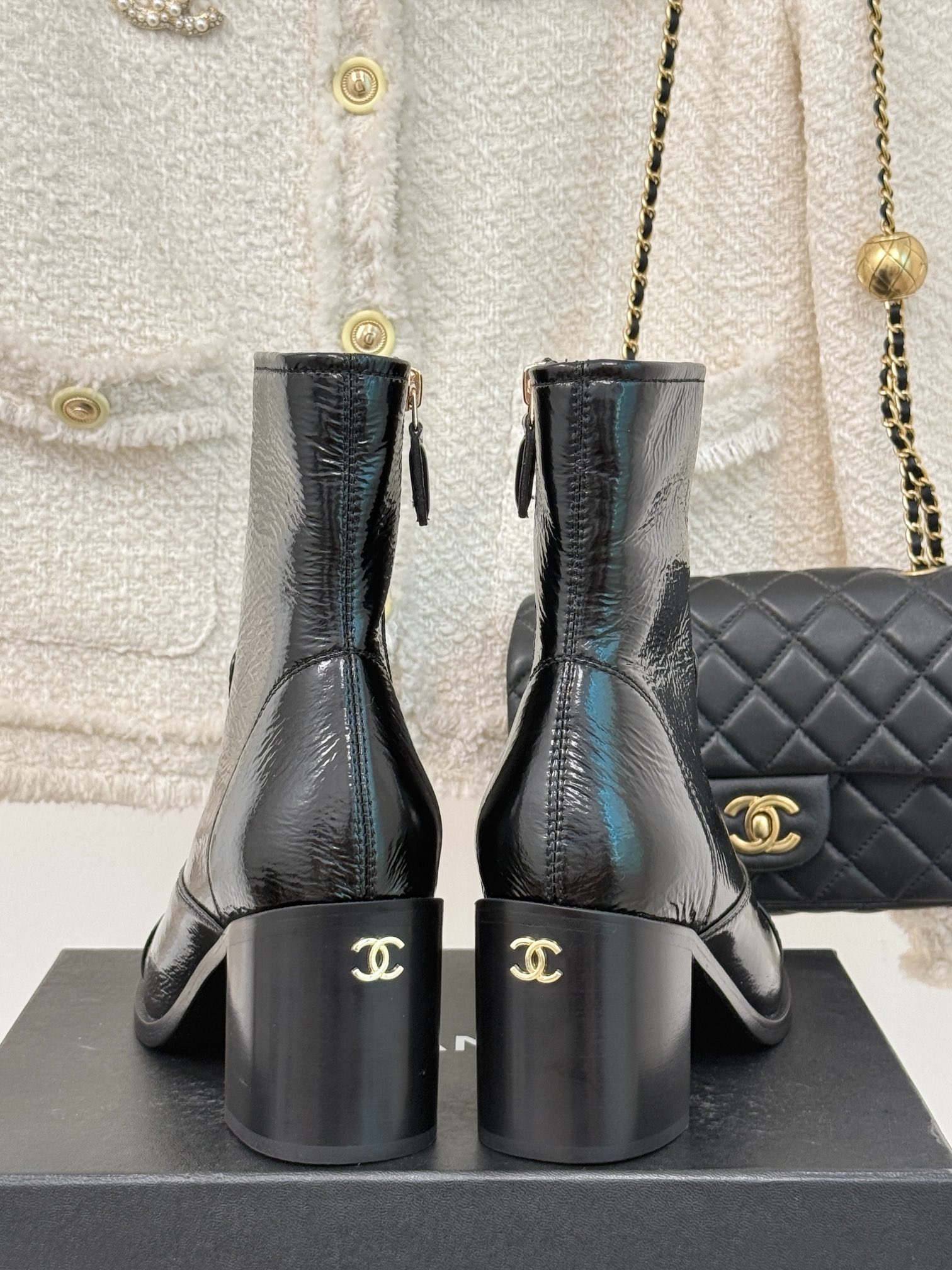 Ch**el Glossy Chunky Ankle Heel Boots Black 7cm/2.8in For Women