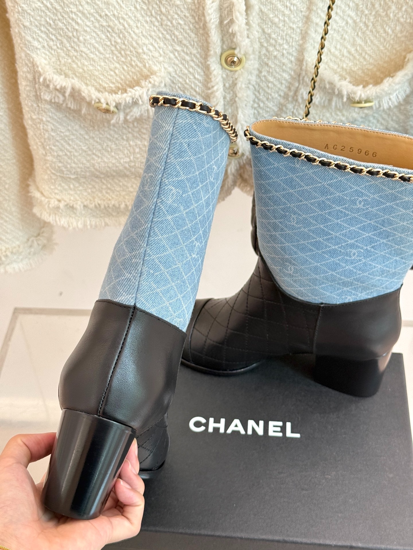 Ch**el Double C Chunky Heel Boots With Chain Detail Light Blue Denim For Women