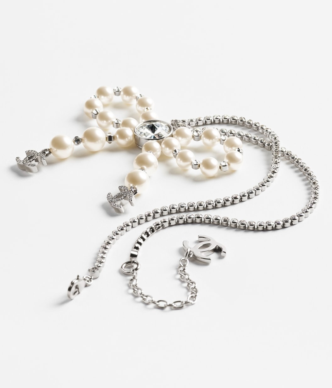 Ch**el Bow Pendant Necklace Silver Pearly White For Women – ABG210-B21707-U2865