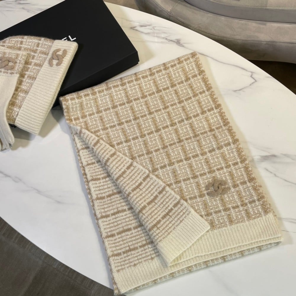 Ch**el Monochrome Winter Knit Set – Hat, Scarf And Gloves Beige For Women