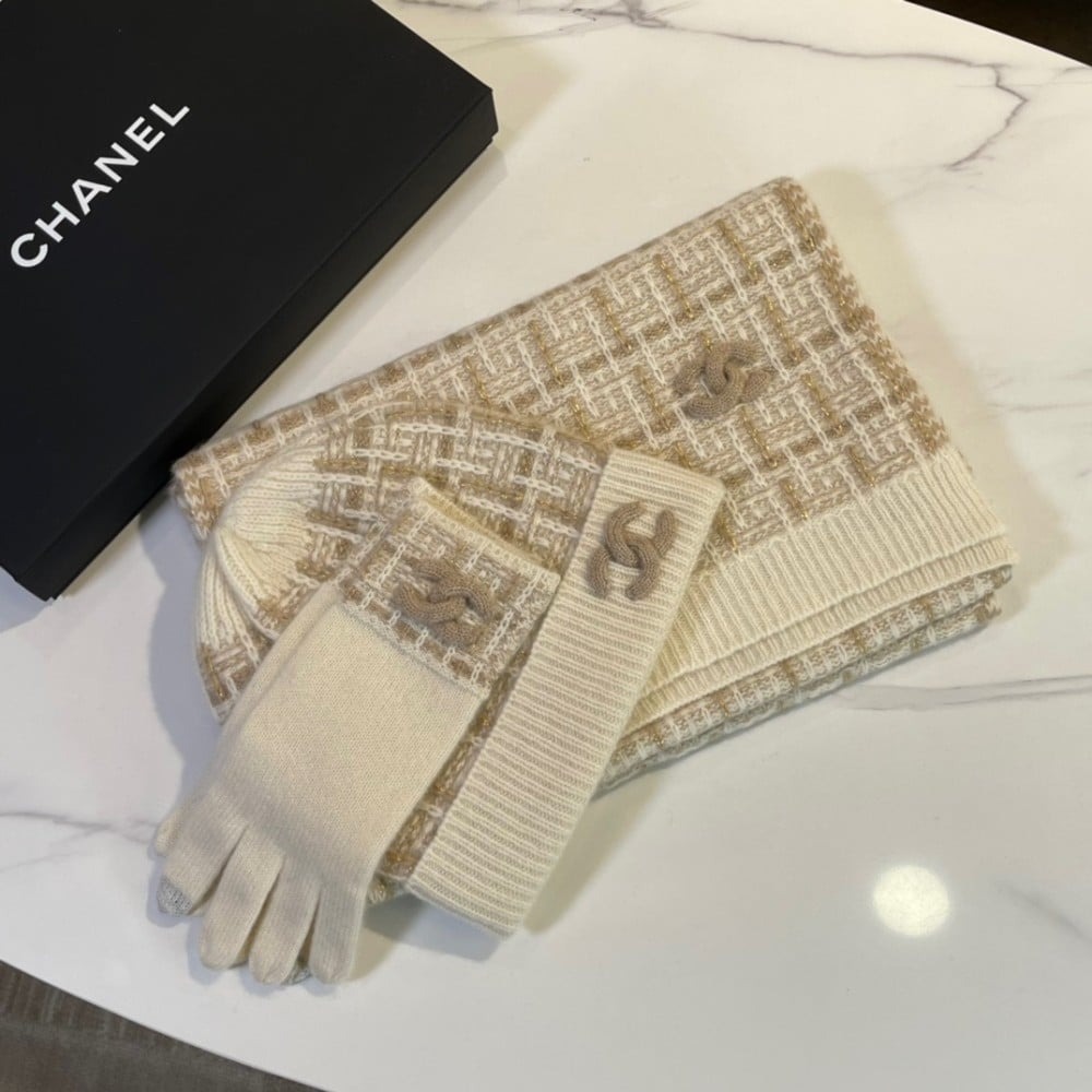 Ch**el Monochrome Winter Knit Set – Hat, Scarf And Gloves Beige For Women