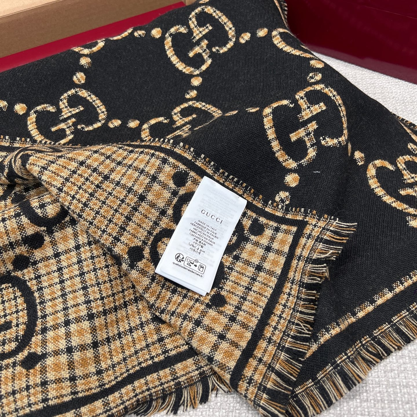 Gvc*1 Check GG Scarf Black And Beige 70.8in/180cm ‎660025 4G386 1079