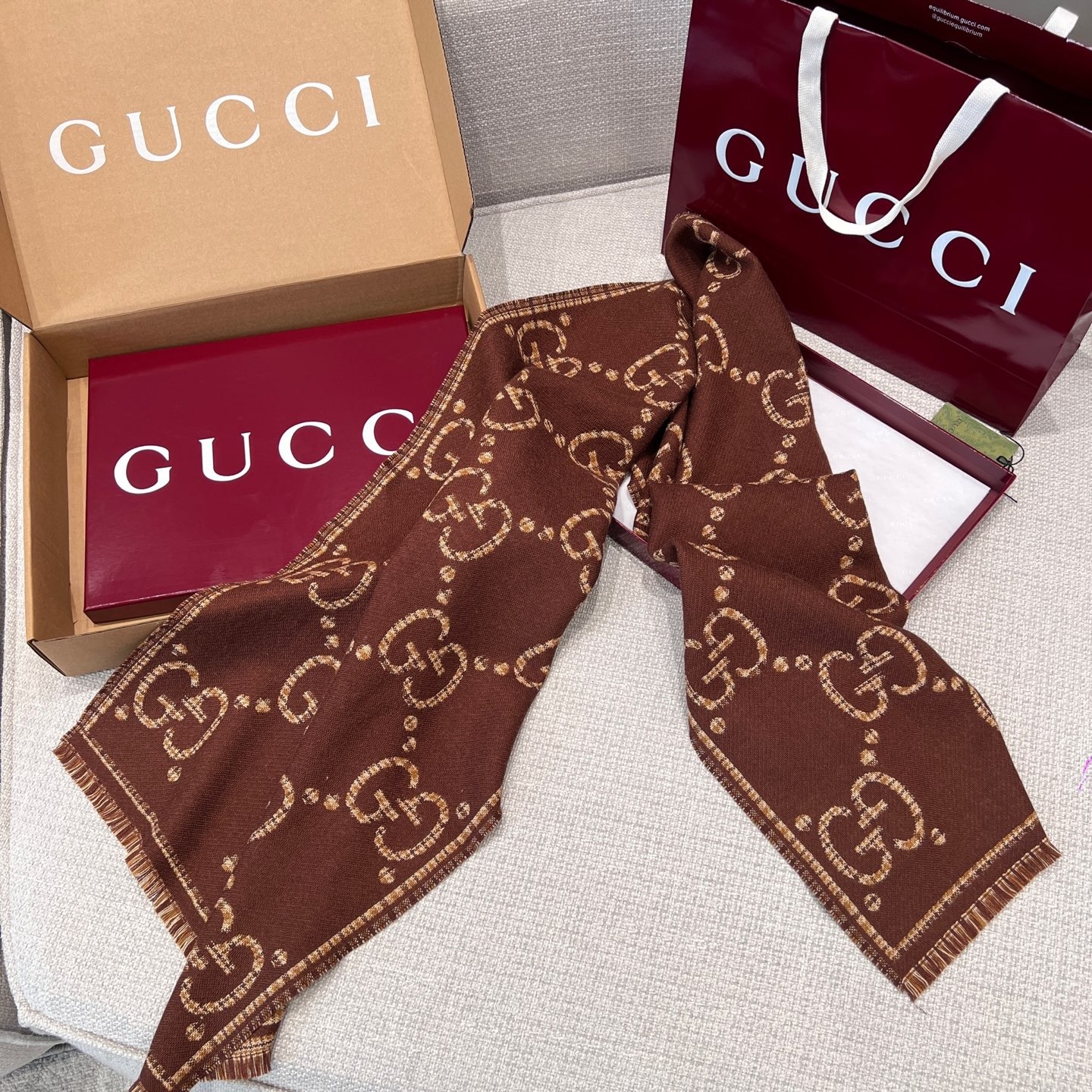 Gvc*1 GG Scarf Brown And Beige 71in/180cm ‎660025 4G386 2579