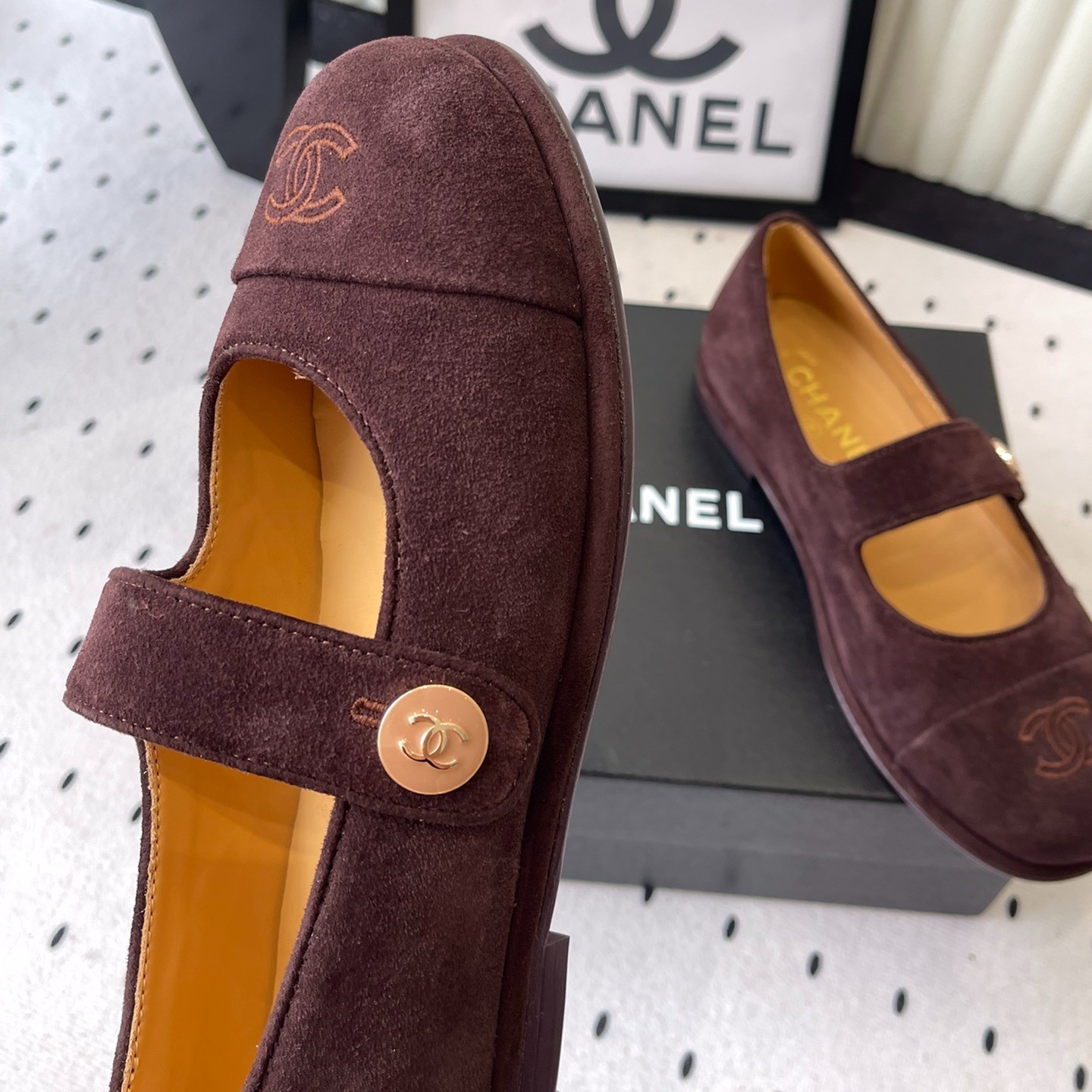 Ch**el Mary Jane Flats Burgundy Suede For Women