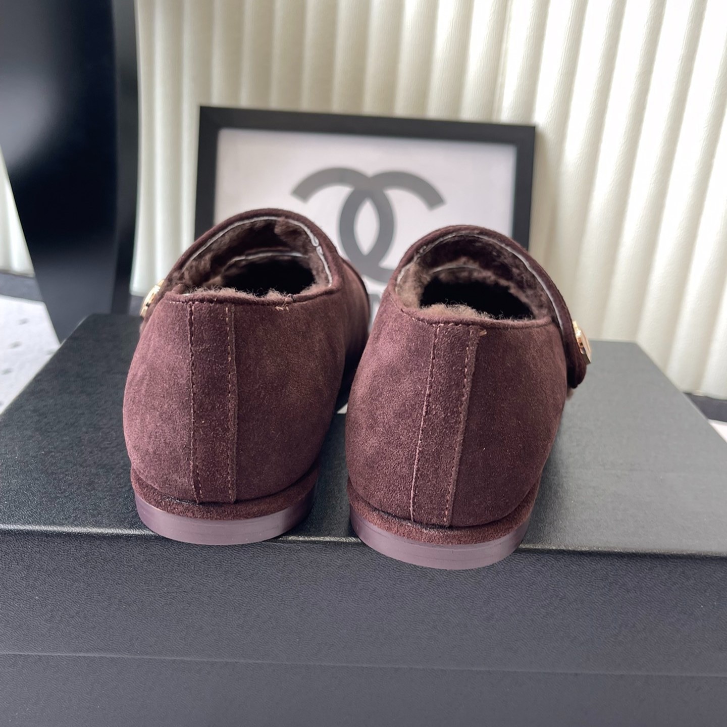 Ch**el Mary Jane Flats Burgundy Suede Shearling For Women