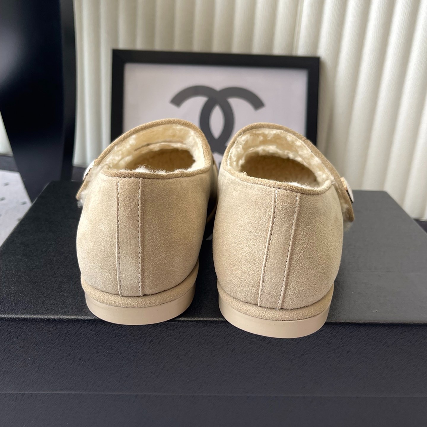 Ch**el Mary Jane Flats Beige Suede Shearling For Women