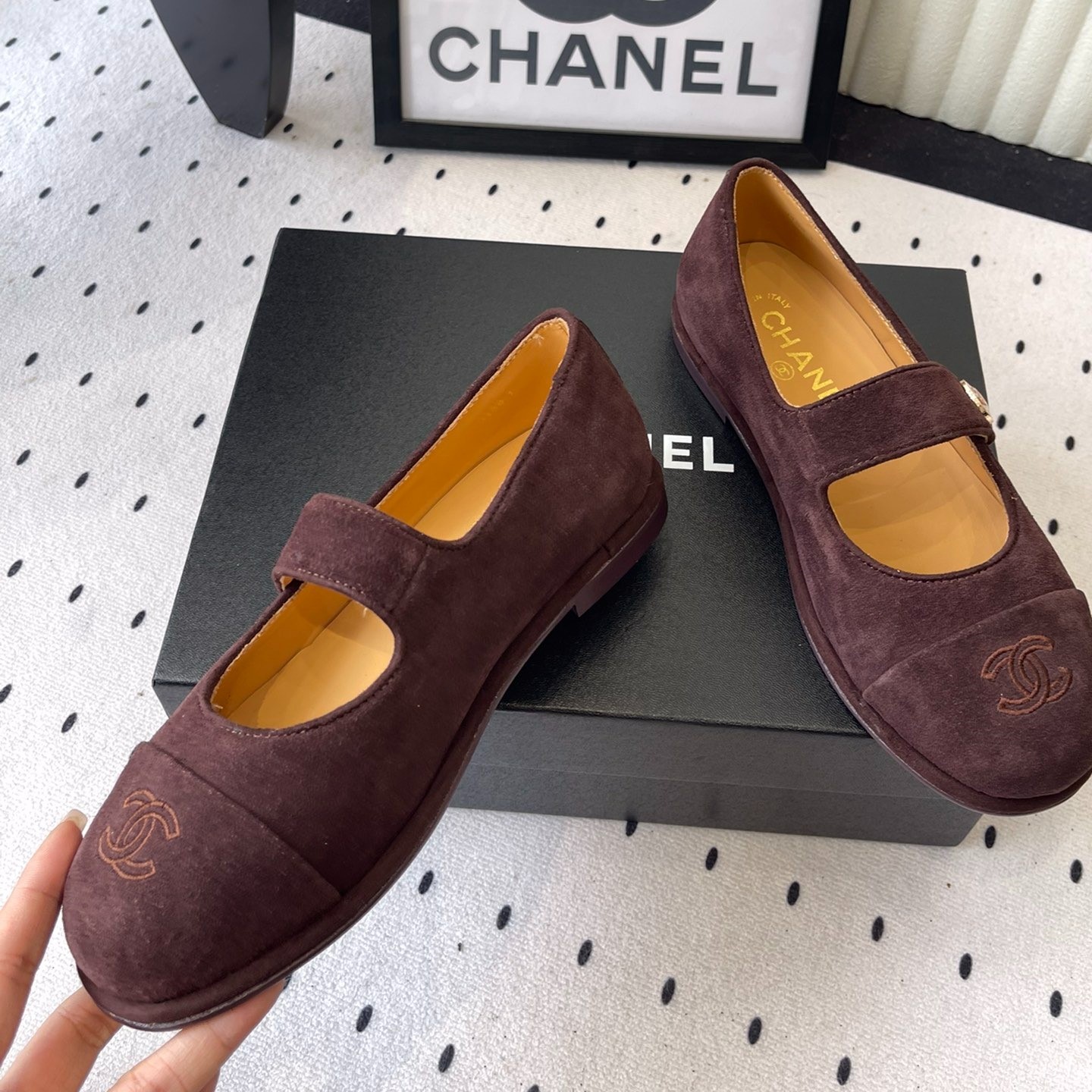 Ch**el Mary Jane Flats Burgundy Suede For Women