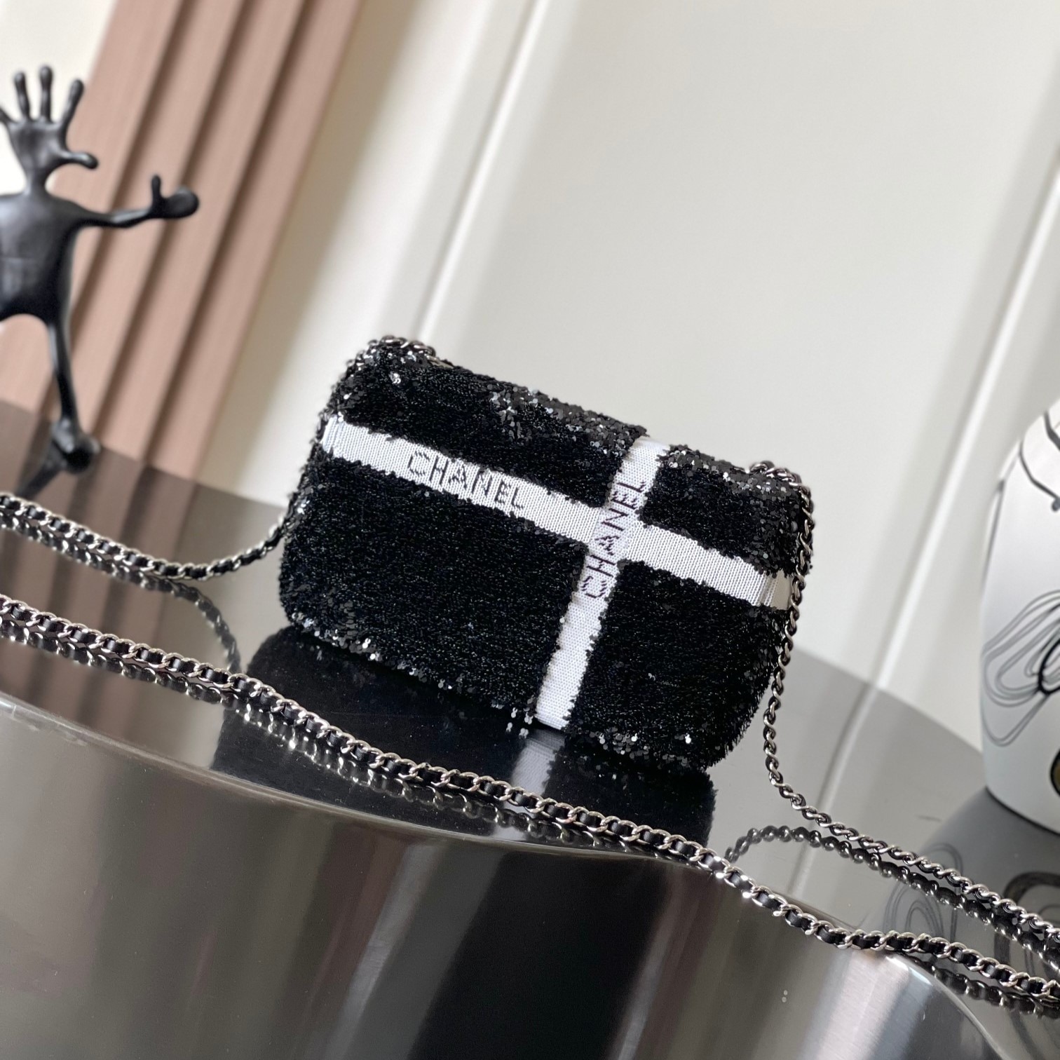 [True-to-ORIGINAL] Ch**el Sequin Bow Mini Flap Bag Black For Women 7.9in/20cm