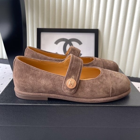 Ch**el Mary Jane Flats Brown Suede For Women