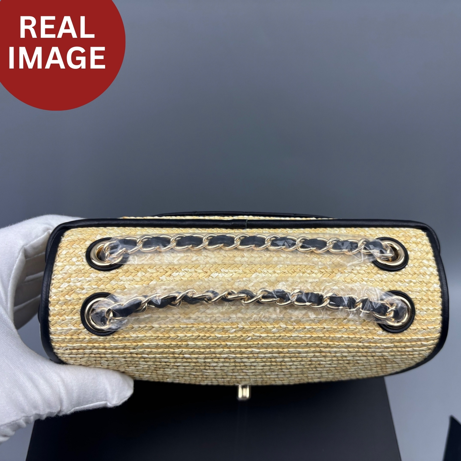 Ch**el Small Flap Bag Dark Beige/Black Straw For Women 9.1in/23cm