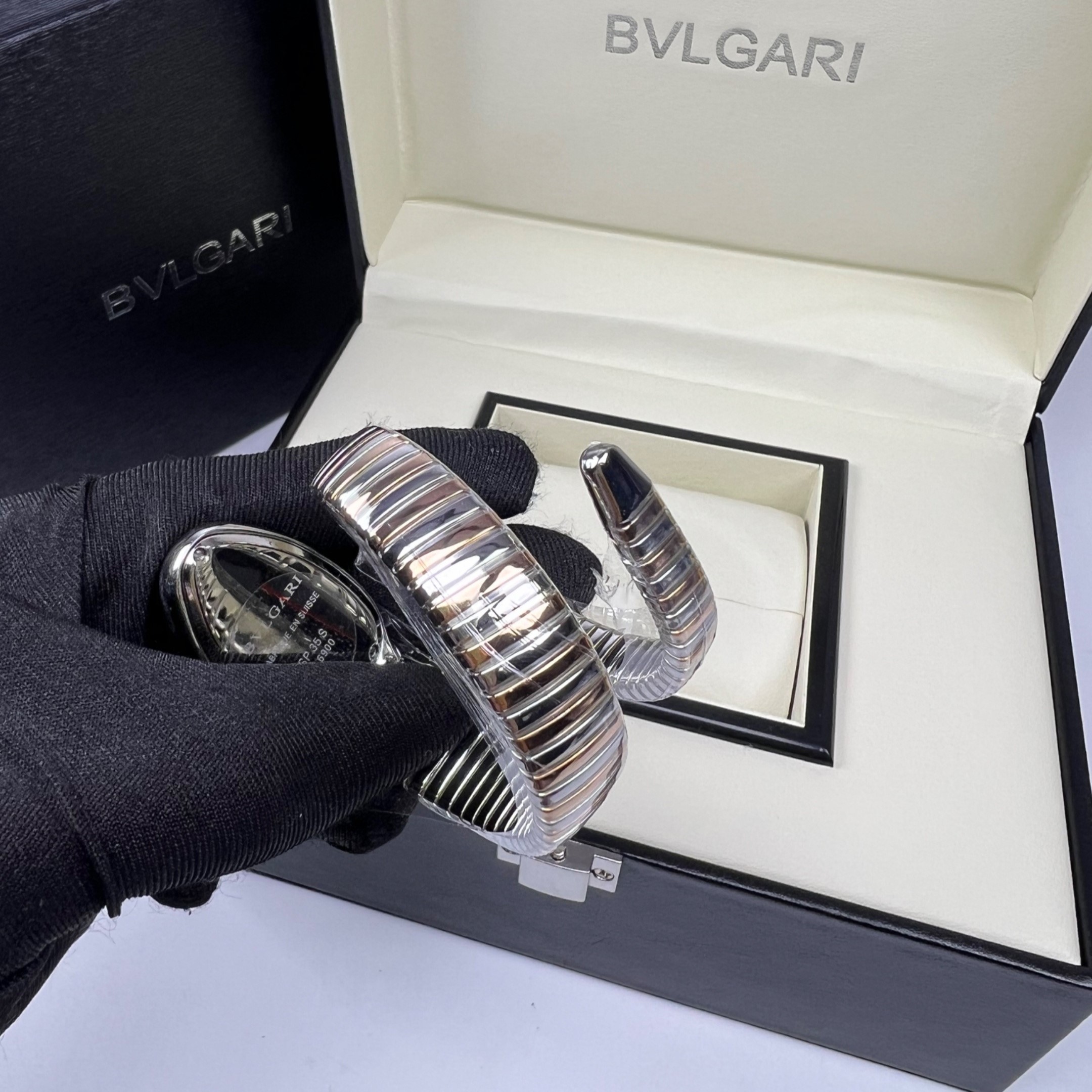 Bv1g*ai Serpenti Tubogas Watch Silver/Rose Gold Toned Black Dial 35mm For Women 103823